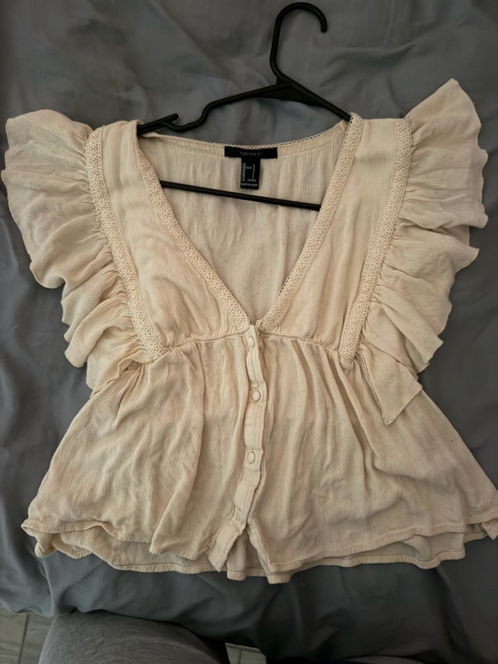 Express Cream Flutter-Sleeve Button-Front Blouse